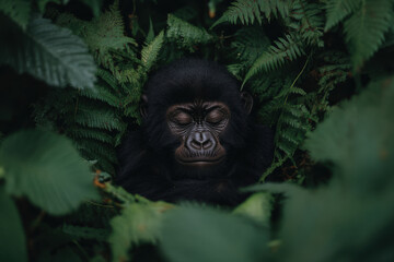 a baby gorilla is sleeping in the jungle