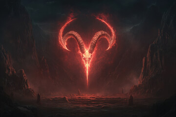 Wall Mural - A red and black image of a ram with a skull on its horns
