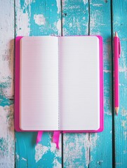 Aufkleber - Open notebook with a pencil placed on a colorful wooden desk ready for creative ideas and notes. Generative AI