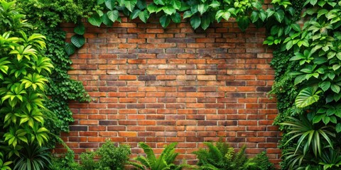 Wall Mural - Brick wall surrounded by lush greenery and foliage , nature, wall,  nature, wall, architecture