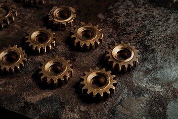 Poster - Bronze Gears Interlock on Rustic Surface:  Precise Mechanical Components Show Intricate Detail,  Illustrating Industrial Design.