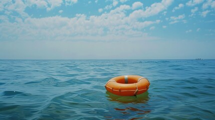 Wall Mural - Bright orange lifebuoy floating in calm ocean waters under a clear blue sky with scattered clouds in the background