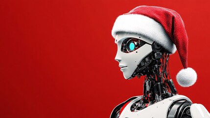 Fototapete - White robot wearing santa hat looking right on red background