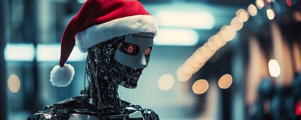 Poster - Robot wearing santa hat celebrating christmas in a factory