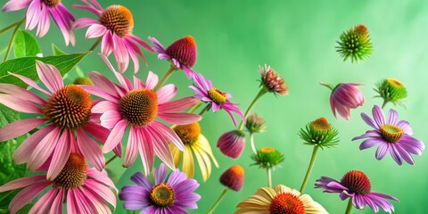 Wall Mural - Aromatic purple coneflower petals fall from a lush green stem amidst a vibrant mix of colours in a flat herbarium display