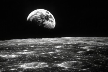 Wall Mural - Lunar Surface Cratered Landscape With Half Moon Above