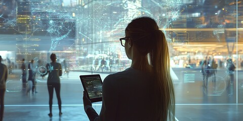Poster - woman analyzes data on tablet, observing futuristic interface displaying global network information 