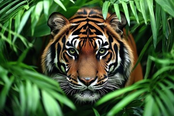 Poster - Majestic tiger portrait with an intense gaze surrounded by lush green foliage in a tropical habitat. Generative AI
