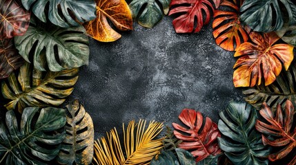 Wall Mural - Autumnal tropical leaves frame, dark background, design element