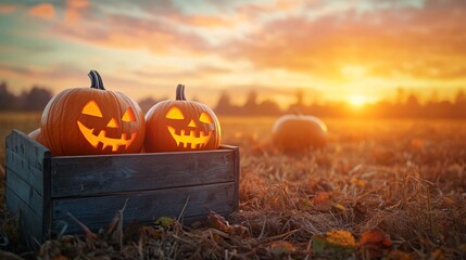 Aufkleber - Two carved pumpkins glowing at sunset in a field