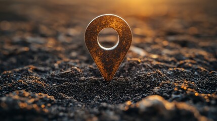 Poster - Rusty map pin in dark soil at sunset; location tracking concept