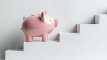 Wall Mural - Pink piggy bank climbing white stairs , financial growth