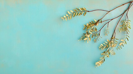 Wall Mural - Green branch on blue background, flat lay, nature, spring, design