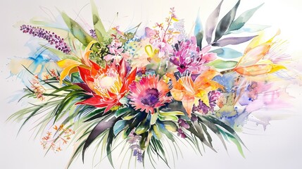 Wall Mural - Vibrant watercolor floral arrangement showcasing diverse flowers and lush greenery with soft background colors