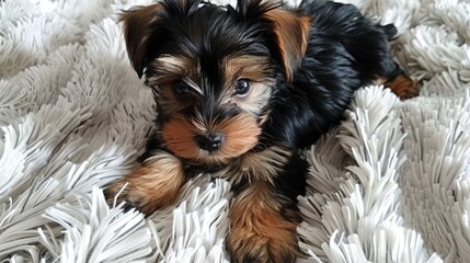 Wall Mural - Adorable puppy resting on a fluffy white blanket, showcasing its playful nature in a cozy indoor setting