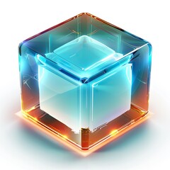 Wall Mural - A glowing, transparent cube with vibrant colors and a futuristic design. isolated on white background