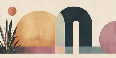 Poster - Abstract landscape art featuring shapes and a plant motif