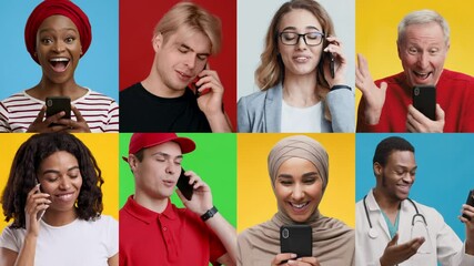 Poster - A vibrant collage features individuals from various backgrounds talking on their smartphones. Each person showcases unique styles and expressions, creating a lively atmosphere.