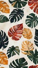 Canvas Print - Autumnal monstera leaves pattern, beige background, fall decor