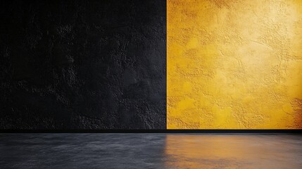 Poster - Empty room with black and gold walls with polished concrete floor reflecting light