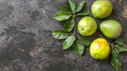 Poster - Fresh green quince fruits on rustic background. Food photography for recipe blogs, websites, or cookbooks