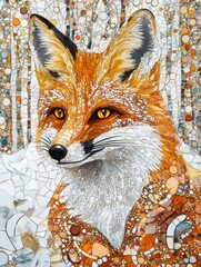 Fototapete - Intricate mosaic fox portrait amidst a snowy forest filled with delicate patterns and vibrant colors. Generative AI