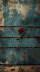 Wall Mural - Red rose standing elegantly against a distressed blue painted wall