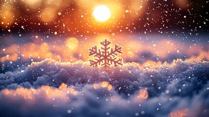 Poster - Snowflake sunset winter snow scene; holiday card