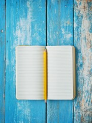 Leinwandbilder - Open notebook with a pencil resting on a bright wooden desk in a spacious setting ideal for writing and creativity. Generative AI