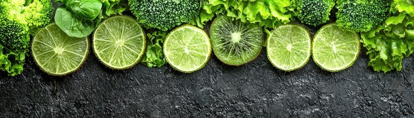 Canvas Print - Lime, kiwi, broccoli, lettuce on dark background. Healthy food concept