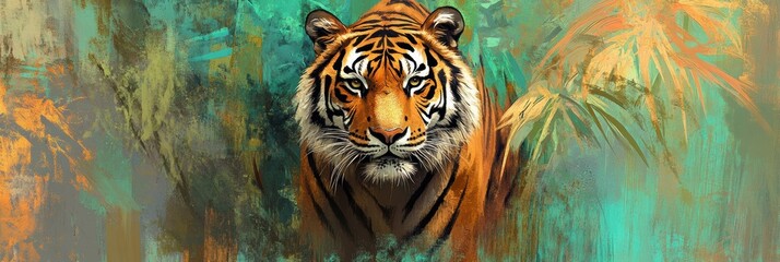 Poster - Portrait of a tiger in a vibrant jungle setting with space for personalized text or message. Generative AI