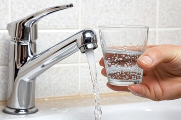 Fresh Water Flowing from Faucet into Glass in Kitchen Sink Scene