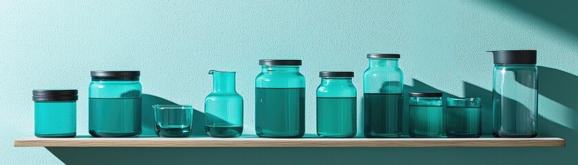 Poster - Teal glass jars & pitcher on shelf, sunlit wall. Kitchen storage