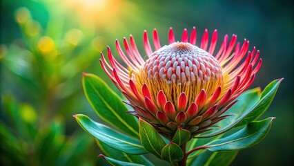 Wall Mural - Vibrant Madiba Protea flower on a lush green background with intricate details and subtle texture , isolated, green