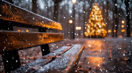 Poster - Snowy park bench, Christmas tree, night lights, winter wonderland, holiday card