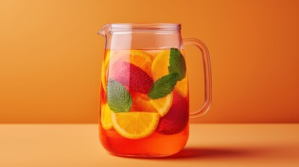 Wall Mural - A vibrant pitcher of fruit-infused drink featuring orange slices and mint leaves, set against a warm orange background.