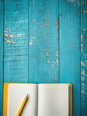 Leinwandbilder - Open notebook with a pencil resting on a bright wooden desk in a spacious workspace for creative writing and brainstorming ideas. Generative AI