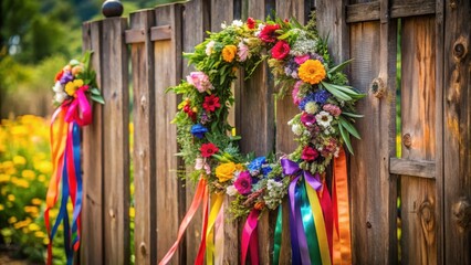 Wall Mural - Floral garland with colorful ribbons draped over a rustic wooden gate, gate, outdoor decor