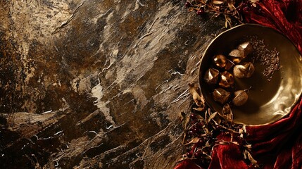 Poster - Autumnal gold decor, dark background, red fabric, holiday season, website banner