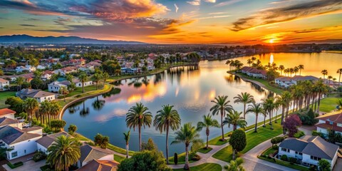 Wall Mural - Aerial view of the East Lake Chula Vista neighborhood at sunset with palm trees and a serene lake , sunset