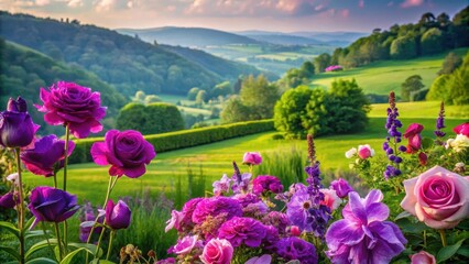 Wall Mural - A peaceful garden setting featuring a variety of purple flowers, including roses and orchids, set against a backdrop of rolling hills and emerald green grass , outdoor landscapes, flower arrangements