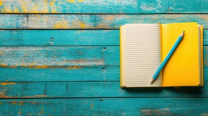 Aufkleber - Brightly colored notebook and pencil resting on a spacious wooden desk with great lighting for creativity and inspiration. Generative AI