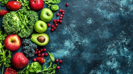 Poster - Red & green fruit, vegetable border, dark background, healthy food recipe