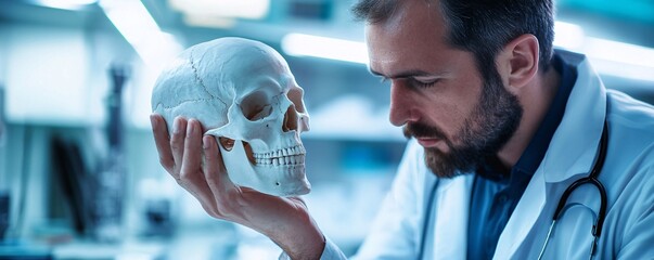 Aufkleber - Confident male doctor examining human skull in laboratory setting