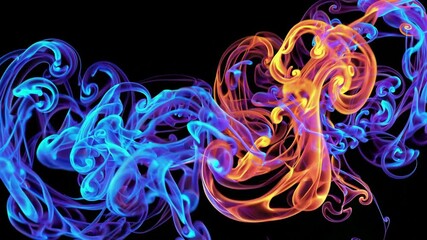 Poster - Colorful swirling smoke in darkness contrasting blue and orange, abstract motion art concept