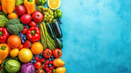 Poster - Colorful fruits and vegetables on blue background, healthy eating concept, food photography