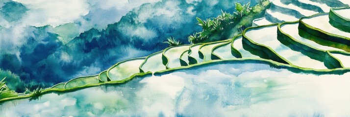 Poster - Flooded rice terraces in a lush landscape showcasing the beauty of agriculture and nature. Generative AI