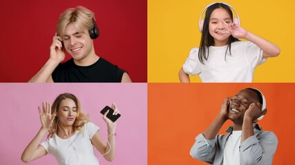 Poster - A cheerful group of four individuals engages in listening to music with headphones. They exhibit expressions of joy and enthusiasm against colorful backgrounds.