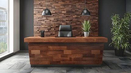 Poster - Modern wooden office desk, city view
