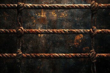 Rusty rope net superimposed against a textured dark metal surface
